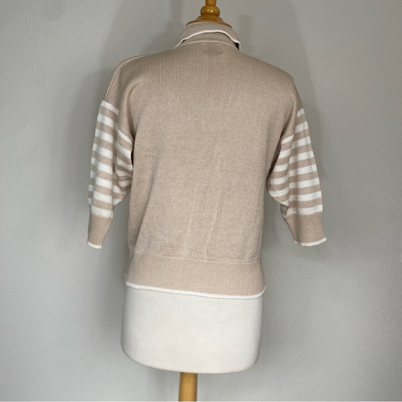 Vintage FIA Italia Handloom Women's Tan White Stripe Knit Sweater Size Medium - Picture 2 of 12